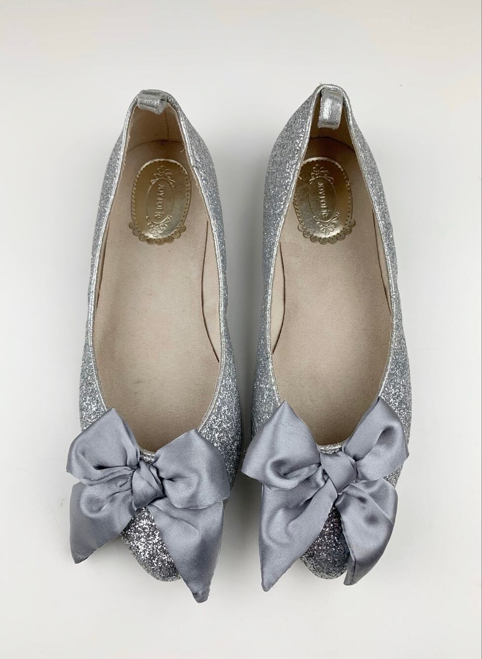Joyfolie Silver Glitter Penny Flats Slip On Dress Shoes Satin Bow Youth Girls 3